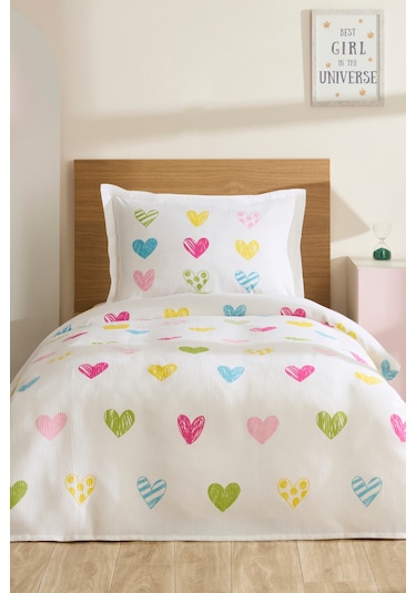 Karaca Home Young Color Heartz %100 Pamuk Tek Kişilik Pike Takımı Beyaz