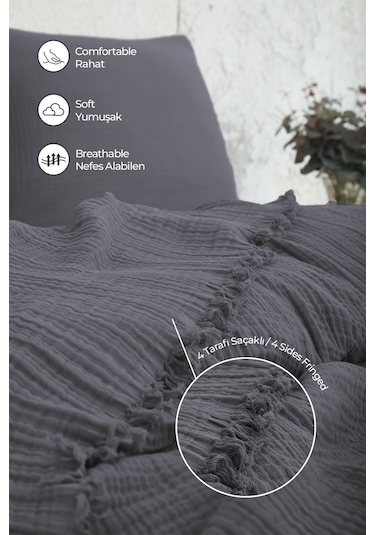 %100 Pamuk Çift Kişilik Müslin Yatak Örtüsü 4 Katlı Yumuşak Battaniye Müslin Pike Takımı 3 Parça Antrasit Koyu Gri