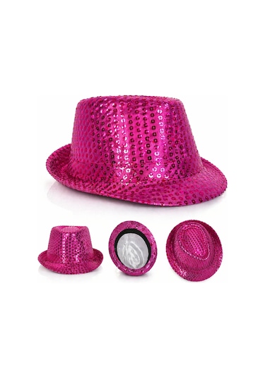 Fuşya Pembe Payetli Disco Parti Şapkası Yetişkin Işıltılı Fötr Model Diğer