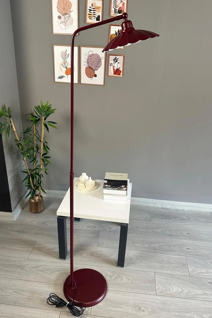 Vişne Çürüğü Lambader Düz Gövde Hareketli Başlık Metal Oturma Odası Çalışma Odası Zemin Lambası Bordo