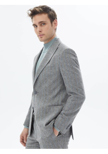 Gri Çizgili Modern Fit Yün Karışımlı Takım Elbise Gri