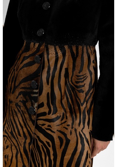 Jade Siyah Ve Leopar Desenli Kadın Hakiki Deri Kaban-siyah Siyah