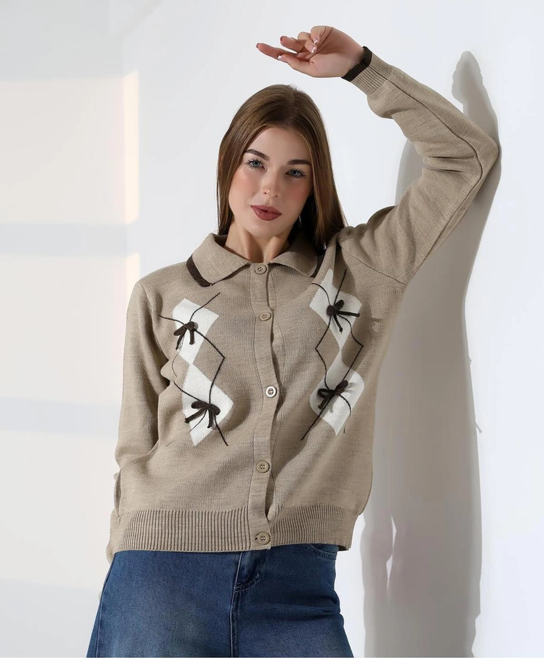 Baklava Desen Polo Yaka Kadın Kazak Vizon