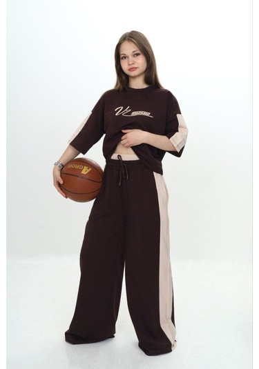 Kız Çocuk %100 Pamuk London Baskılı Oversize Garnili Truvakal Kollu Eşofman Takımı-293-eşt-0010 Kahverengi