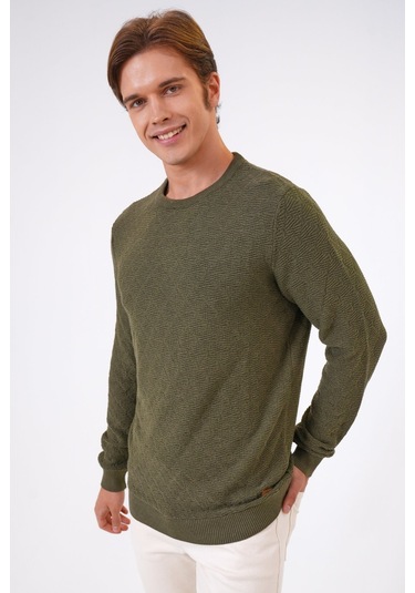 Haki Regular Fit Pamuklu Jakarlı Bisiklet Yaka Triko Kazak-haki Haki