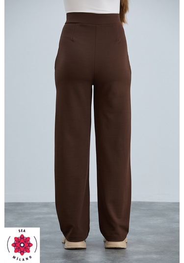 Kadın Gri Cırt Cırtlı Kapama Rahat Palazzo Likralı Esnek Beli Lastikli Pantolon Yüksek Bel Kahverengi