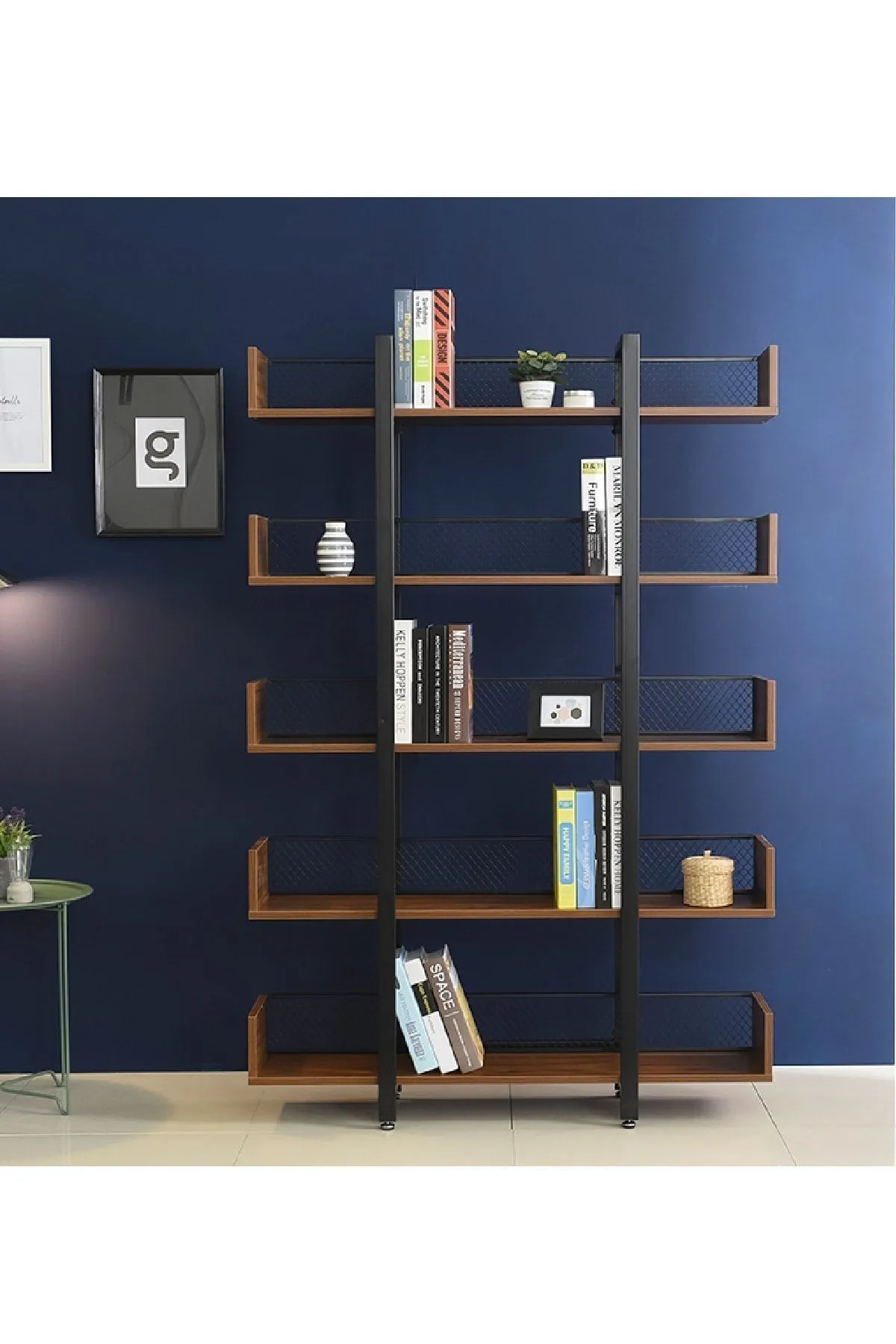 Endüstriyel Tasarım 5 Katlı Tel Detaylı Kitaplık-aksesuar Rafı-çiçeklik-çok Amaçlı Raf Ceviz-siyah