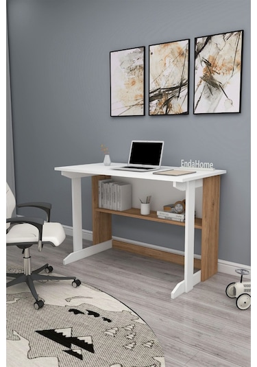 Enda Home Pillar Kütüphaneli Geniş Çalışma Masası 100x56 Cm Çam - Beyaz