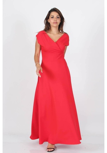 Dipmoda Kadın Omuz Detaylı Kayık Yaka Uzun Abiye Elbise Dp8076 Kırmızı