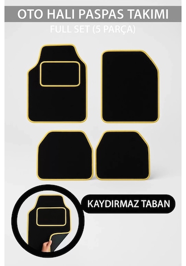 5 Parça Universal Topuk Destekli Oto Halı Paspas Takımı Kenar Renk Sarı