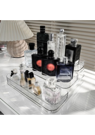 Hfambition Akrilik Üç Katlı Açık Tahta, Parfüm Ve Kozmetik Düzenleyici, Şeffaf İç Dekor Görüntüleyici Rafı Şeffaf