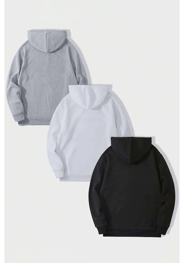 Unisex Düz 3' Lü Baskısız Kapüşonlu Oversize Sweatshirt Beyaz