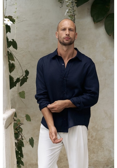 Mai Collection Mai Studios Co. Bice Lacivert Keten Oversize Erkek Gömlek Lacivert