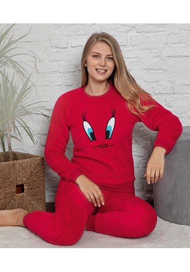 Civciv Desenli Anne Kız Çocuk Kombin Peluş Pijama Takımı Anne Kız Ayrı Satılır. Kırmızı