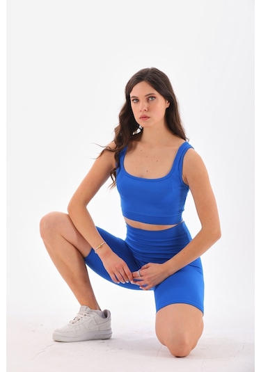 Kallima Mavi Toparlayıcı Esnek Fitilli Spor Crop-biker Tayt Takım