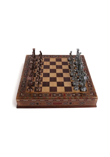 5 No. İngiliz Antik Bakır Satranç Taşları Ve Masif Ahşap Sandıklı