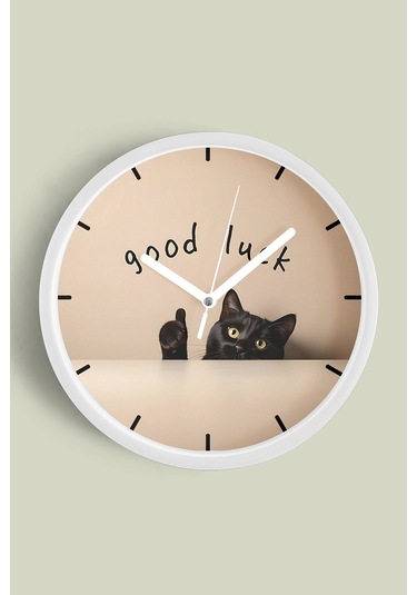 Good Luck Kedi Tasarımı Modern Duvar Saati - 42cm - Önü Camlı Beyaz Kasa - Sessiz Mekanizma Beyaz