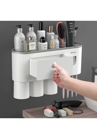 Konesam Duvar Montlu Diş Fırçası Tutucu - Süpürge Özellikli, Deliksiz Desen, Dolap Ve Bardak Seti - Çok Amaçlı Banyo Organizer Gri Diğer