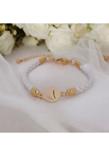 Archin Zülfikar Temalı Ay Motifli 14 Ayar Altın Plakalı Doğal Beyaz Derili Hediye Bileklik-477sembol Zülfikar