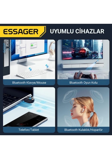 Essager Bluetooth Vers.5.3 Usb Bluetooth Adaptör Usb Bluetooth 5.3 Wireless Adaptör Tak Çalıştır