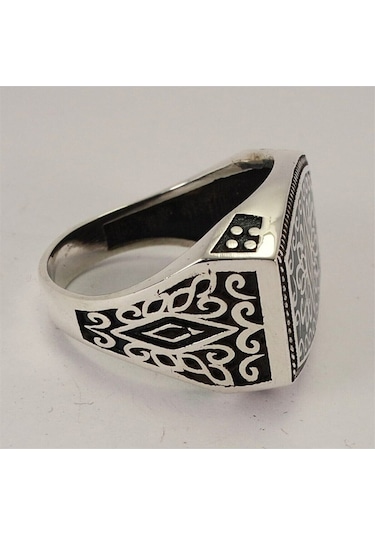 Vog Otantik Selçuklu Motifli Yeşil Mineli 925 Ayar Gümüş Erkek Yüzük