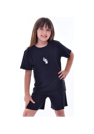 Ribana Beybi Overlok Detaylı Kuromi Nakışlı Alt-üst Takım Lacivert