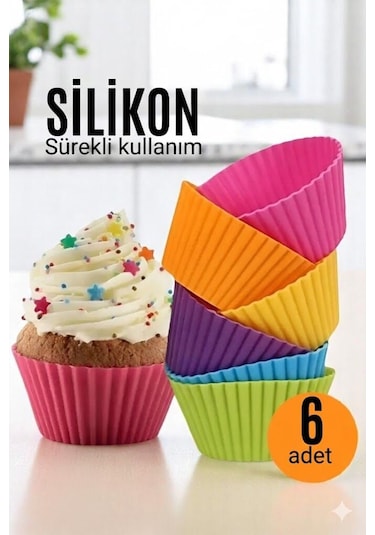 Silikon Muffin Kalıbı - Sürekli Kullanım Muffin Kek Kalıbı 6 Adet Çok Renkli