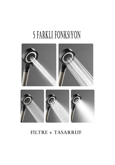 Kustar 5 Fonksiyonlu Çelik Su Tasarruflu Filtreli Turbo Jet Duş Başlığı Siyah