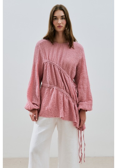 Büzgü Bağlamalı Dokulu Tunik Pembe Pembe