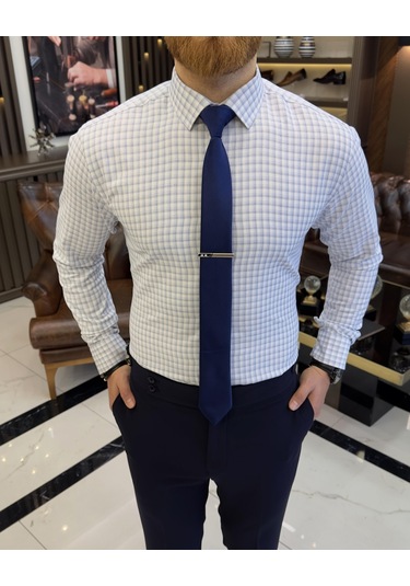 İtalyan Stil Ekose Kravat Yaka Pamuk Erkek Gömlek Mavi T11182-mavi Mavi