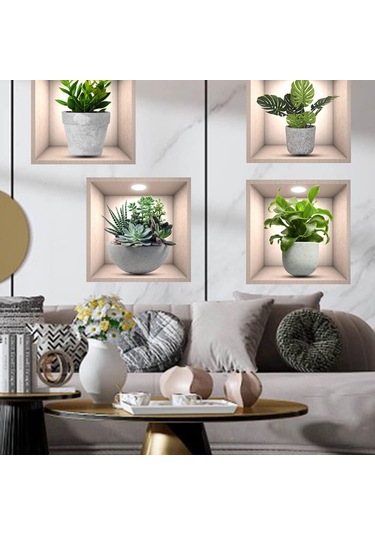 Qingmipy 3d Yeşil Bitki Duvar Sticker, 4 Adet, Vinyl, Su Geçirmez, Kolay Uygulama, 30x30cm, Çeşitli Yüzeyler İçin, Salon Dekoru Çok Renkli