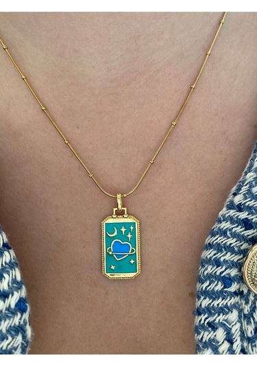 Vıp Seri - Mavi Kalp Kararmaz Çelik Kadın Gold Kolye Modern Ve Altın