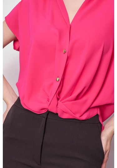 Likrasız Şık Kumaş Yakalı Düşük Omuzlu Önü Pileli Gömlek-Fujya Fujya