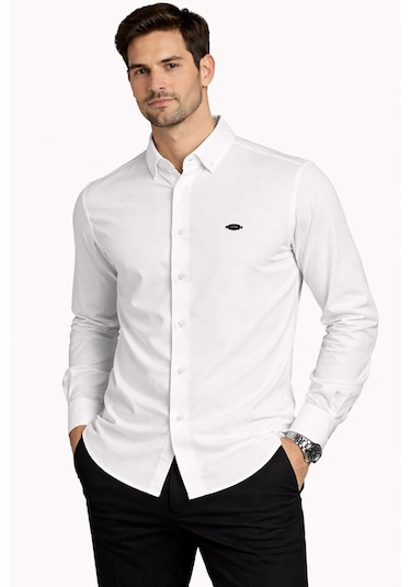 Classics Men Cafes Uzun Kol Slim Fit Erkek Oxford Gömlek - 7577 Beyaz