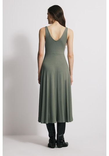 Askılı Açık Haki Midi Elbise