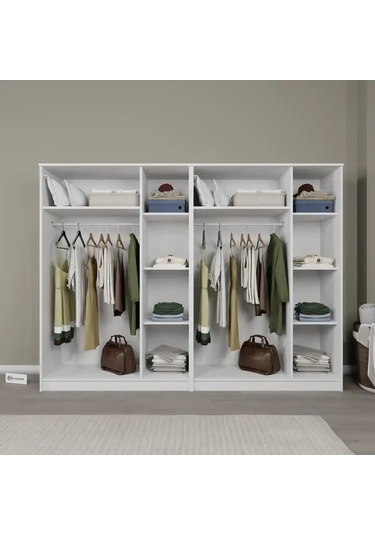 Kardelen Serisi Mat Beyaz 6 Kapaklı 10 Raflı 240 Cm Elbise Dolabı - Gardırop Seti Beyaz