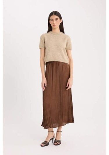 DeFacto A Kesim Yüksek Bel Saten Midi Etek E3348AX24WNBN333 Kahve