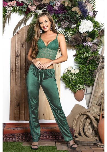 3 Parça Gecelik Seti Gömlek, Bralet Sütyen Ve Pantolon Takım Zümrüt Mgp31726 Zümrüt