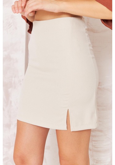 Kadın Bej Yırtmaçlı Mini Etek Dm2016 Bej