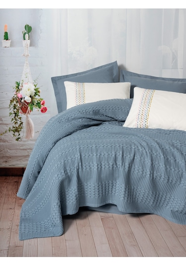 Cotton Box Aura Tek Kişilik Pike Takımı Pebble Indigo Mavi