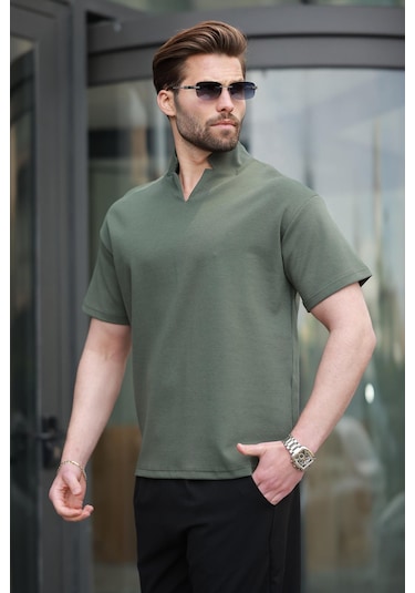 Madmext Haki Polo Yaka Erkek Basic T-shirt E7145 Haki
