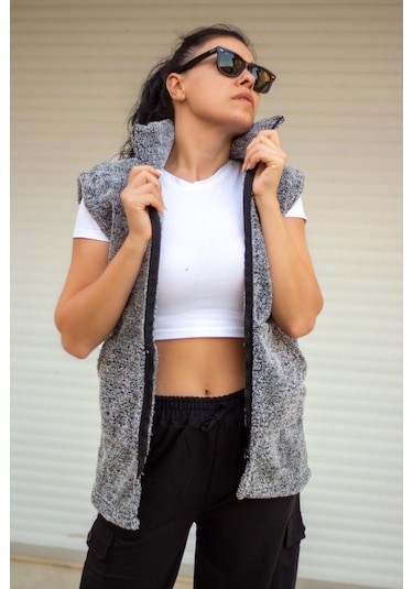 Kadın Gri Peluş Welsoft Kalın Fermuarlı Hakim Yaka Yelek 23kylkmy10 001