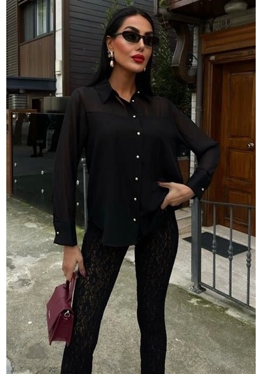 Transparan Detaylı Dökümlü Gömlek 3427 Si Yah Siyah