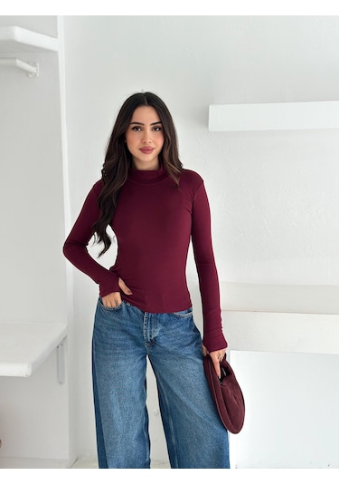 Kadın Yarım Balıkçı Yaka Parmak Geçmeli Full Likralı Buzz Body Bordo