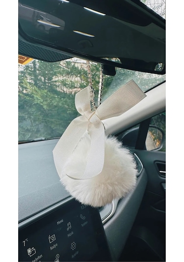 Oasis Life Taşlı Ayna Süsü Araba Beyaz Ponpon Ve Kurdele Set