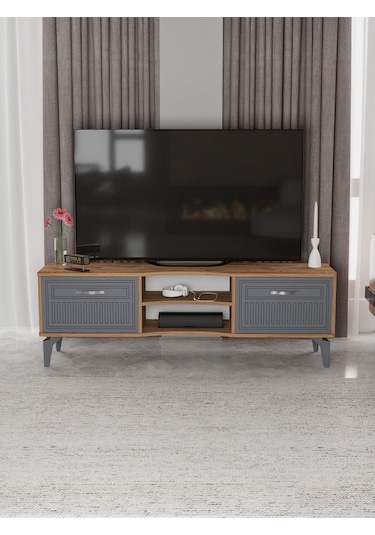 Tv Sehpası Tv Ünitesi Vera Atlantik Çam Antrasit Çizgili 5051 Kahverengi