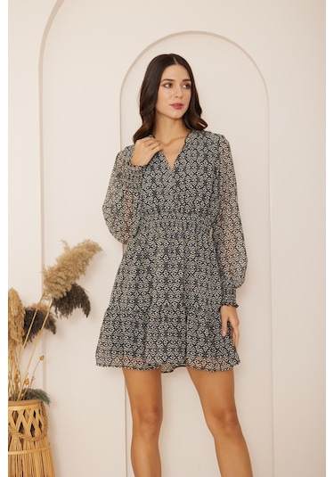 Darlin Moda Mavi Desenli Mini Şifon Elbise Dm1027 Mavi