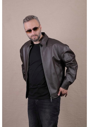Ohepmoda Oversize Rahat Kalıp Düz Erkek Deri Ceket Kahverengi