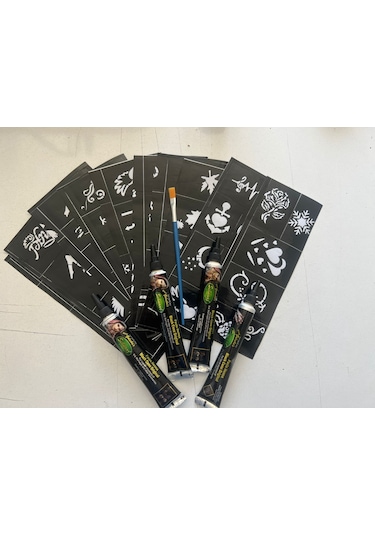 Airbrush Tattoo Hint Kınası Desenleri 12 Sayfa Birden 4 Tüp Siyah Kına Hediyeli Siyah