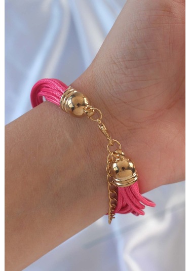 Pembe Renk Zirkon Taşlı Metal Aksesuarlı İpli Çoklu Bileklik - Ebj240928w28259 Bakır